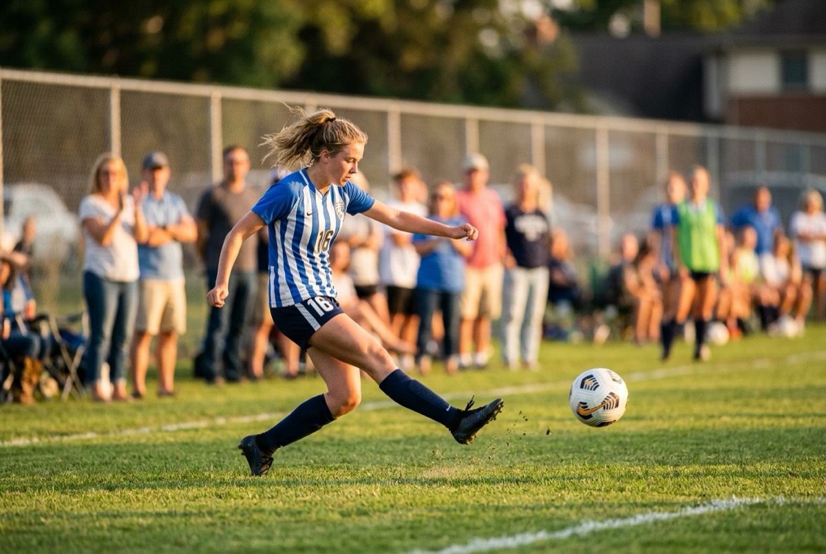 A player striking a ball on a grass pitch