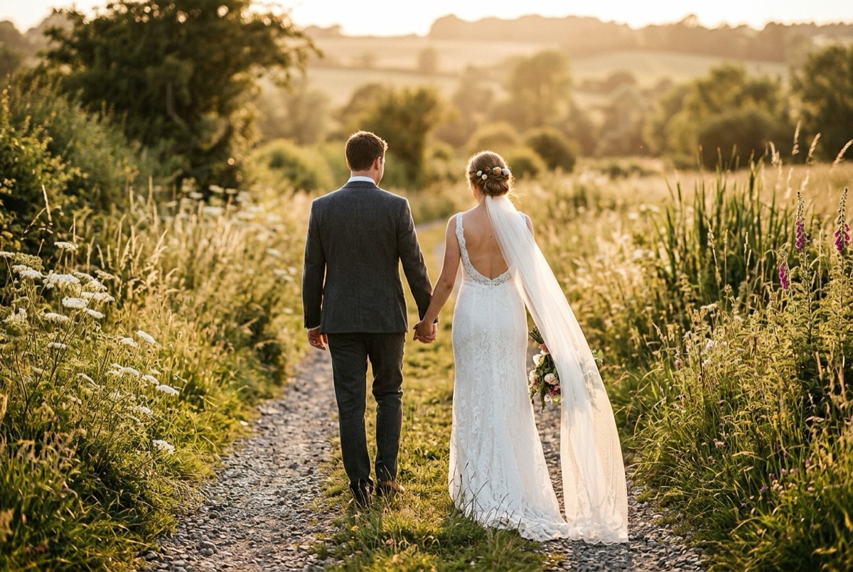 A bride and groom walking a gravel path in golden light