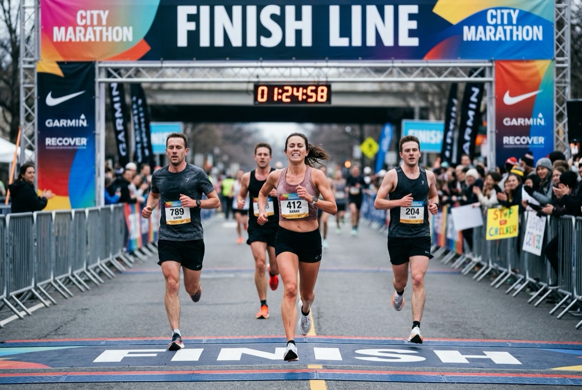 Runners crossing a finish line