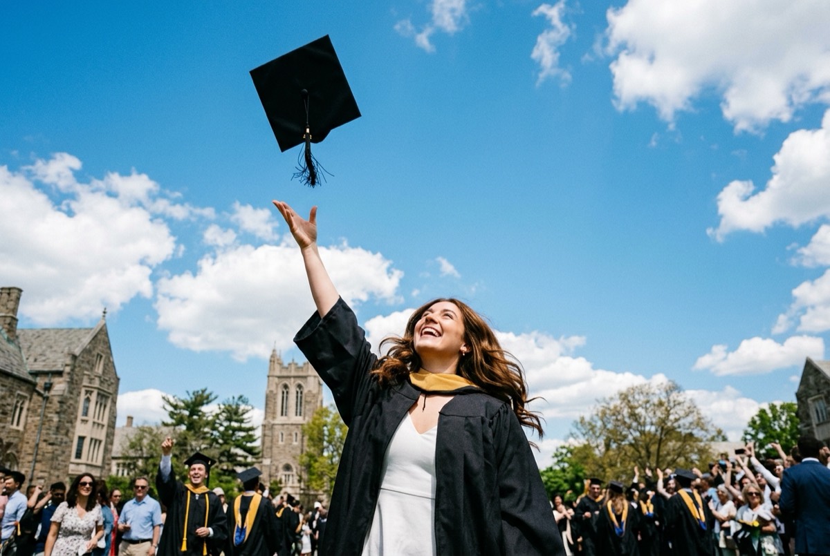 A graduate throwing a mortarboard into the sky