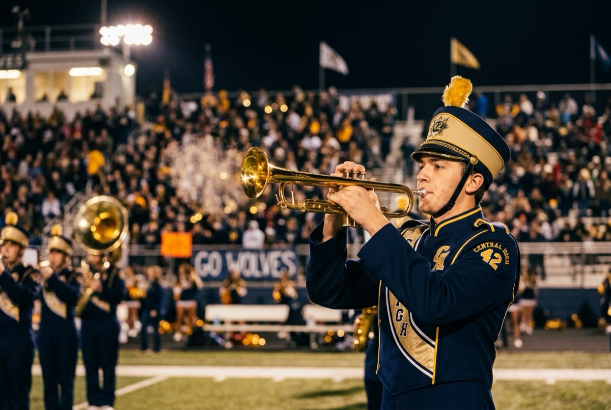 A trumpet player under stadium floodlights