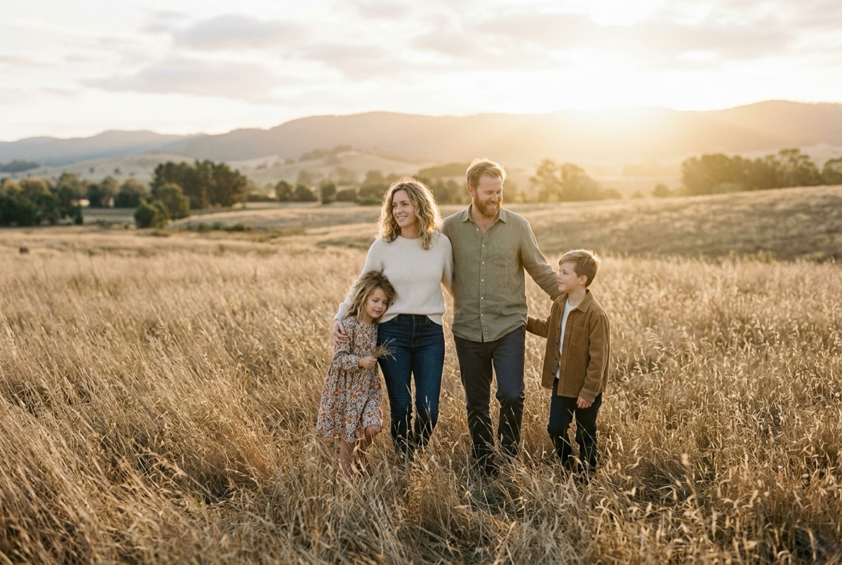 A family standing in a field at golden hour